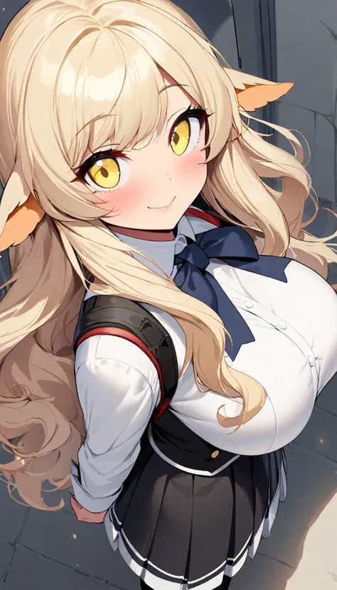 1girl,solo,twisted corner,sheep ear,fluffy hair,long hair with a lot of hair,cream hair color,light yellow eye color,Calm face,docile face,blush,huge breasts,slender,Vertical lines academy uniform,short stature,looking at viewer,Taken from the viewpoint ab...