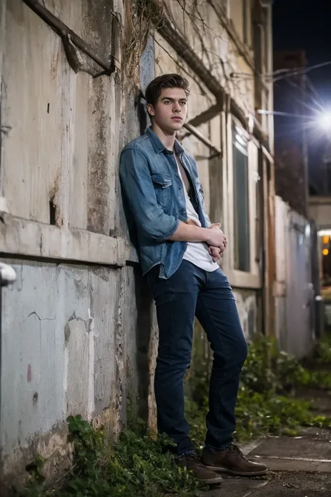 Realistic photo of solo handsome teenage men ,Standing on the wall of an abandoned building ,night