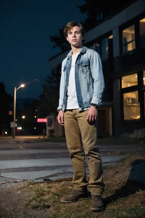 Realistic photo of solo handsome teenage men ,Standing on the wall of an abandoned building ,night