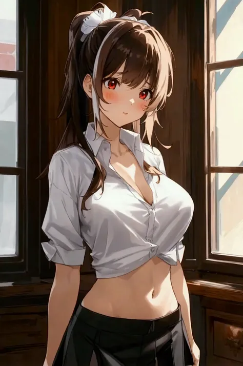 , 1girl, masterpiece, long hair, ponytail, medium breasts, anime, , anime screencap, indoors, long bangs, hair ornament, white shirt, black pantyhose, black skirt, red eyes, dark brown hair, thighs, intricate shirt, standing, multiple views, low, pantyshot...