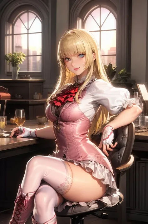 perfect eyes:1.2, detailed eyes:1.4, Emilie T8, blunt bangs, blue eyes, long hair, blonde hair, thighhighs, lace-up boots, pink frilled dress, frilled ascot, fingerless gloves, smile, red eyeshadow:1.2, makeup:1.2, cowboy shot, 1girl, solo, (masterpiece:1....