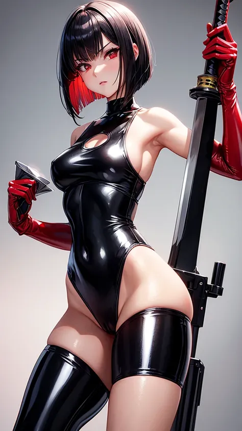 solo girl,Glossy metalic light silver tank top, tight latex shiny, Red interpolation color,Black hair bob,red eyes, camel toe, Samurai Sword,
Lift one leg, sexy lady, โชว์กางเกงใน girl,