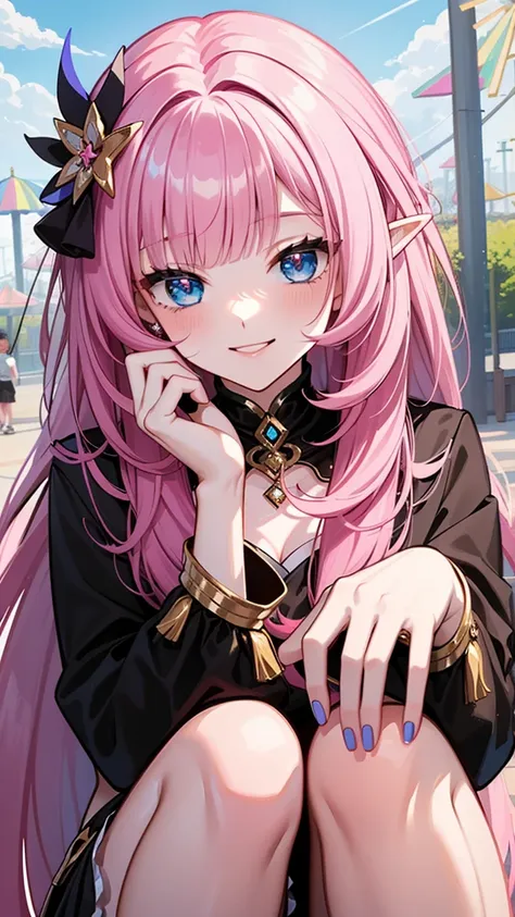 masterpiece, super detail, high quality, 8k, top quality, one girl, alone, looking at viewer, bangs, elisia, honkai impact, pink...