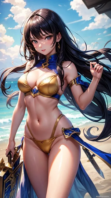 Beautiful Asian girl, 18 years old, light bikini knight girls, sexy lady, medium breasts, camel toe, long sword,