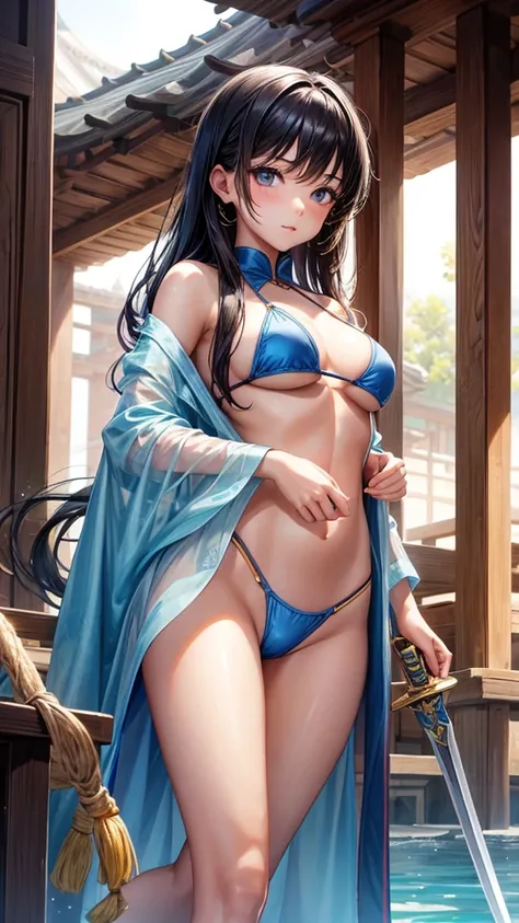 Beautiful Asian girl, 18 years old, light bikini knight girls, sexy lady, medium breasts, camel toe, long sword,