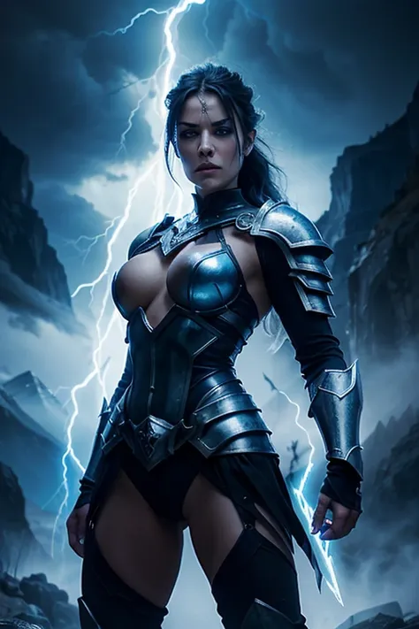 evil beautiful and muscular, Nordic female, towering storm Giantess with blue black hair in a ponytail, older and mature woman, throwing a lightning ball, glowing tattoos, wearing steel runic plate mail Armour , temple cave background with lightning storm,...