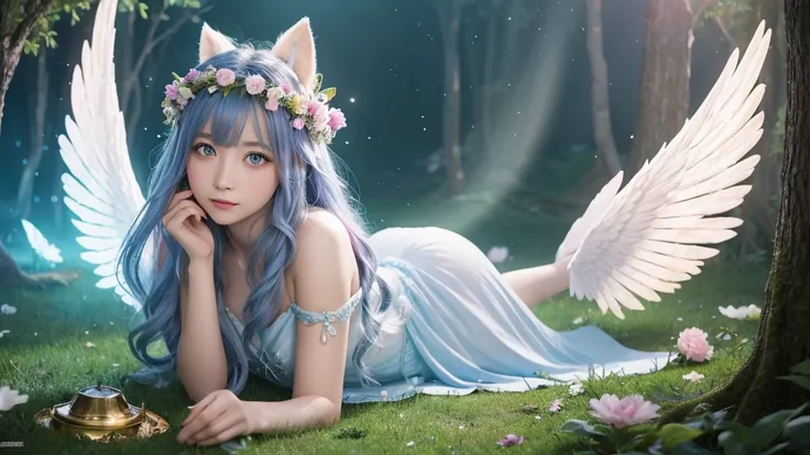 1920×1080、Photogenic reality、heaven、Fantasy、magic、In the fantasy forest、Wrapped in dazzling light、眩Shiiほどの黄金色の光が降り注ぐ、god々Shii、Fantasy、Spreading its large wings、cute、Beauty、Adult female、Big Eyes、一人の美Shii天使の全身の画像を作ってください