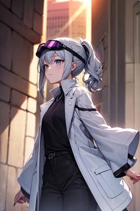 masterpiece, Best image quality, Extreme clarity, Curly ponytail anime girl,  figure, White functional coat, small, Blue-violet gradient goggles, cyber punk, Gray Hair, Natural casual style, Dynamic Stance, Golden Ratio, Large aperture portrait, Cool Tones...