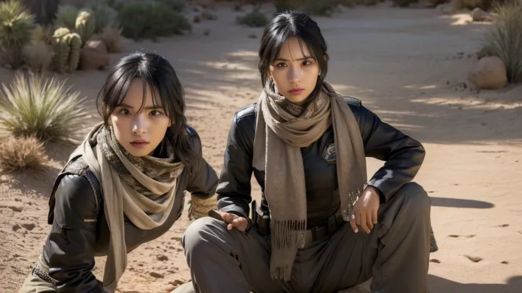 sexy top, gloves, serious face, black cargo pants, combat knife, desert scarf, scarf covering mouth, desert oasis, extremely det...