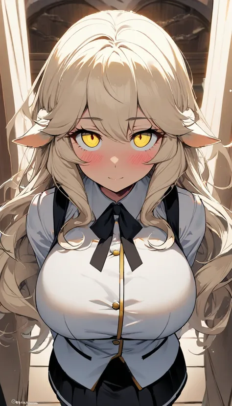 1girl,solo,twisted corner,sheep ear,fluffy hair,long hair with a lot of hair,cream hair color,light yellow eye color,Calm face,docile face,blush,huge breasts,slender,Vertical lines academy uniform,short stature,looking at viewer,Taken from the viewpoint ab...