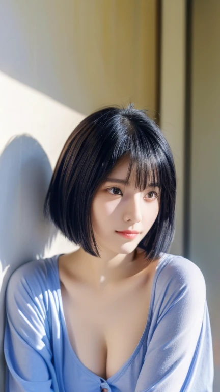 Highest quality、Japanese women、The most beautiful woman in the world、sexy、Blue-black hair color、Short Hair Style、Small face、Beautiful skin、morning、Large breasts、Realistic、Brown pajamas