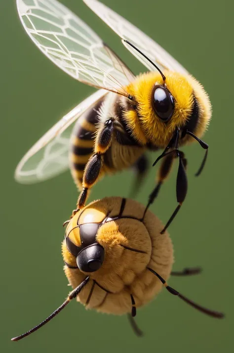 A bee flying with a sporty face, blinking one of its eyes