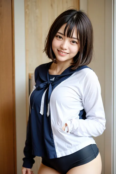 a sailor suit, Realistic，Top quality, 1 beautiful woman, super short Hair, shy-smile