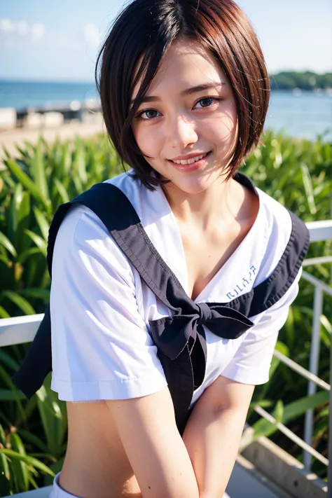 a sailor suit, Realistic，Top quality, 1 beautiful woman, super short Hair, shy-smile