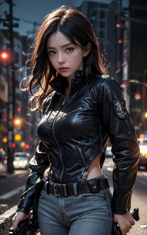 ((Highest image quality, Excellent details, RAW photos、Ultra-high resolution)), (realism: 1.4), Favor the details, Shiny beautiful girl, Beautiful face, ((Cowboy shooting)), (very cool expression、nervous、adrenaline、Super cool woman), (Black leather jacket、...