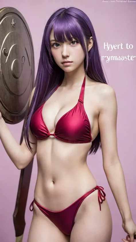 (masterpiece, Highest quality:1.3), (Super detailed:1.2), (hyper realistic:1.3), (RAW Photos:1.2), Anime characters, Purple Hair, bikini, Red swimsuit, Holding a sword, Shield on the back, Heart Background, Pink Background, star, Japanese text, cute, sexy,...