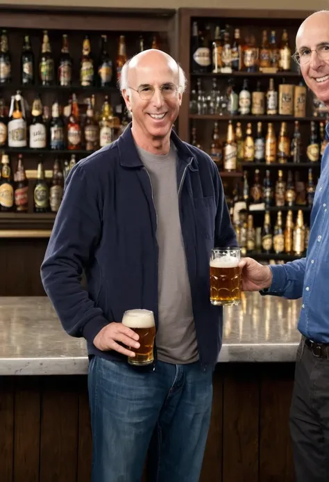 Nathan Fielder, Larry David, standing together, casually dressed, smiling, photorealistic, high-resolution, bar, well-lit, realistic photo, holding beer bottles