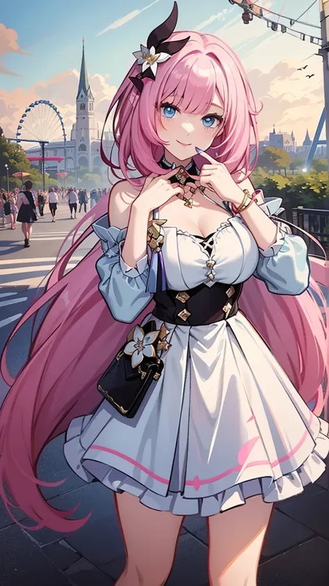 masterpiece, super detail, high quality, 8k, top quality, one girl, alone, looking at viewer, bangs, elisia, honkai impact, pink...