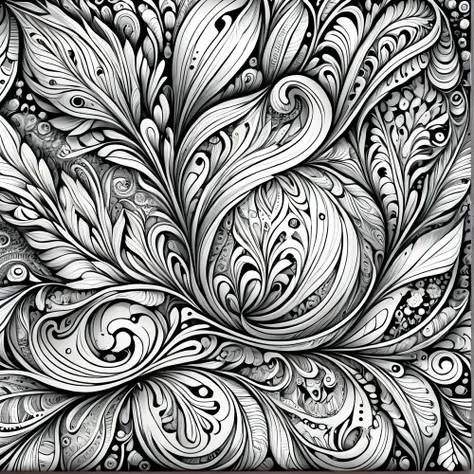 coloring book,a black and white painting with lots of paisley patterns, complex detailed drawings, dense line drawing, detailed ...