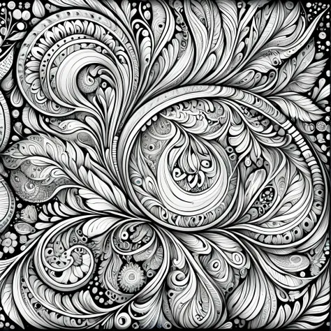 coloring book,a black and white painting with lots of paisley patterns, complex detailed drawings, dense line drawing, detailed ...