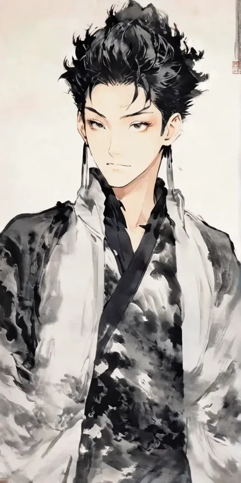 Bokuto from haikyuu, Movie light, fashion, top light, close-up, close-up, spotlight, hazy, Chen family cold, ink portrait, Bokuto Kotaro from haikyuu,Bokuto Kotaro from haikyuu,Strong and masculine body with gorgeous clothing china ,Line Art,Chinese ink ,C...