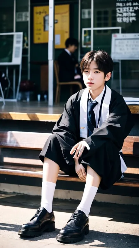 Cinematic Photo of a beautiful korean school boys, high quality, masterpiece, long hair, black shoes, sit in cafe