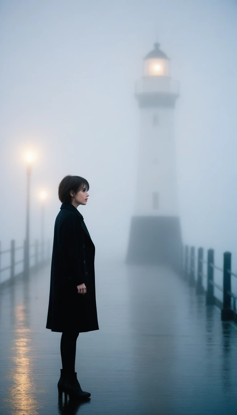 girl, Short hair, Black coat, cool,rain,blur,Fog,middle,cool,boring,,pier,only, lighthouse in the distance,Coast, Street lamp, The dim light shines in the Fog,and the figure stands in the Fog holding an