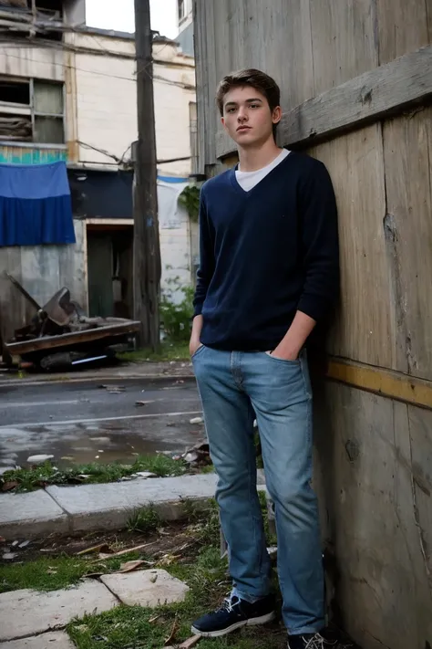 Realistic photo of solo handsome teenage men ,Standing on the wall of an abandoned building ,night