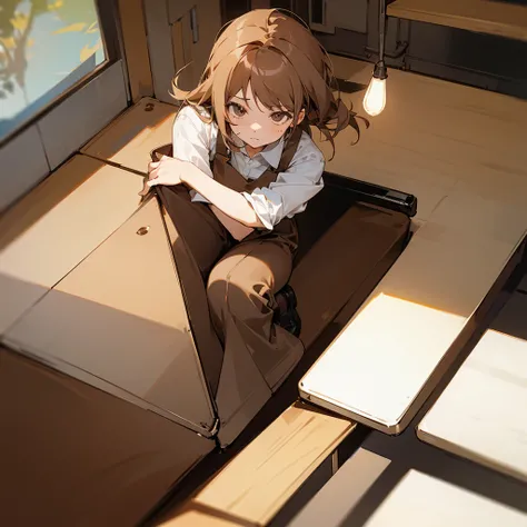 image of a girl working in a coffee shop
dressed in brown trousers and a white shirt and black shoes
anime style