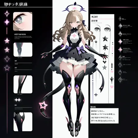 Woman 170cm tall, medium chest, wide hip, slim build, standard forward facing pose. (((character design sheet: Full body front view))). (Dark blonde hair, (hip-length wavy hair with asymmetrical bangs), She has a short braid tied with an elegant purple bow...