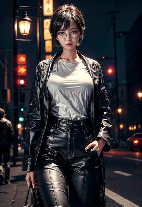 Cinema Lighting,Highly detailed skin、Beautiful details、Highest quality,cyber punk,(Exchange、Dim color, Calm tone、Perfect Anatomy:1.3),(One beautiful woman、Beautiful features down to the last detail:1.3)（Black Short Hair、Glasses:1.5）Shapely breasts、break.Wh...