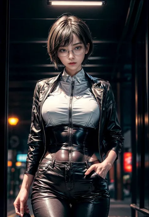 Cinema Lighting,Highly detailed skin、Beautiful details、Highest quality,cyber punk,(Exchange、Dim color, Calm tone、Perfect Anatomy:1.3),(One beautiful woman、Beautiful features down to the last detail:1.3)（Black Short Hair、Glasses:1.5）Shapely breasts、break.Wh...