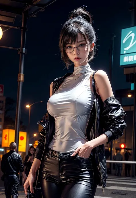 Cinema Lighting,Highly detailed skin、Beautiful details、Highest quality,cyber punk,(Exchange、Dim color, Calm tone、Perfect Anatomy:1.3),(One beautiful woman、Beautiful features down to the last detail:1.3)（Black Short Hair、Glasses:1.5）Shapely breasts、break.Wh...