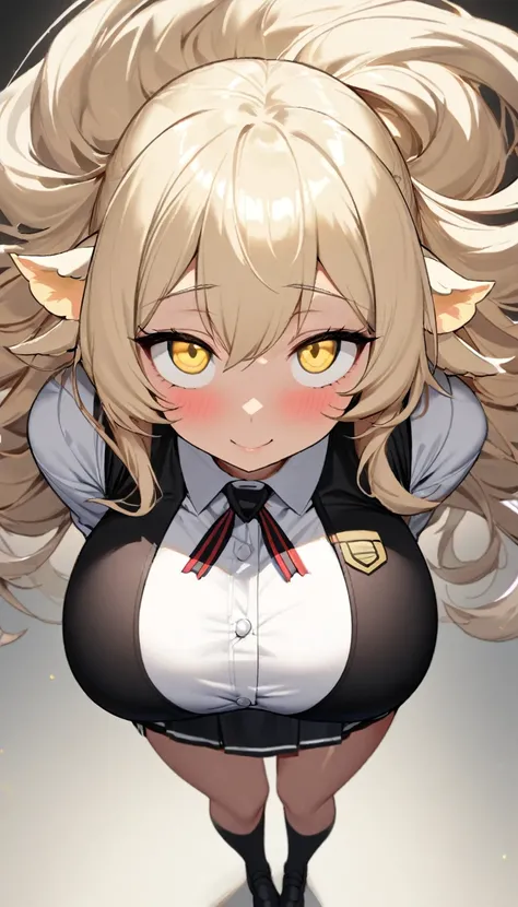 1girl,solo,twisted corner,sheep ear,fluffy hair,long hair with a lot of hair,cream hair color,light yellow eye color,Calm face,docile face,blush,huge breasts,slender,Vertical lines academy uniform,short stature,looking at viewer,Taken from the viewpoint ab...