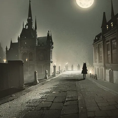 A dark and eerie Halloween scene, full moon, night, haunted castle, moonlit path, halloween, creepy, dark path, gloomy, horror