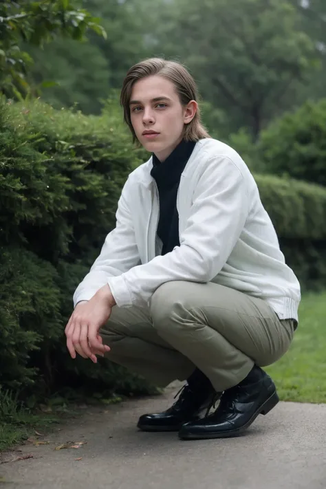 Realistic photo of solo handsome teenage men ,squatting , forest ,foggy daytime
