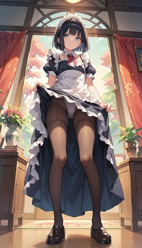 score_9, score_8_up, score_7_up,masterpiece,(bestquality),highlydetailed,ultra-detailed,1 boy, full body, from below, solo, femboy, otokonoko, black hair, bobcut, tiny height, flat chest, maid cloth, maid headdress, loafers, pantyhose