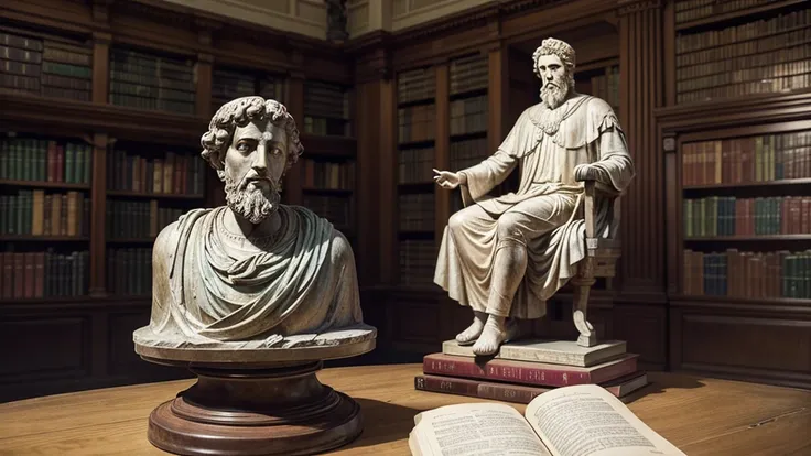 Create an inspiring image with an old library background, with books and a statue of Marcus Aurelius in the background, with the title