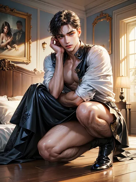 (1boy:1.3), male, Solo, (((Very detailed face)))), ((Very detailed eyes and face)))), black blond hair, Beautiful detail eyes, bare big thighs, bare big chest, Body parts__, Official art, Unified 8k wallpaper, Super detailed, (Get on his hands and knees an...