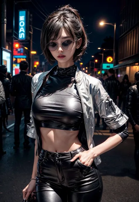 Cinema Lighting,Highly detailed skin、Beautiful details、Highest quality,cyber punk,(Exchange、Dim color, Calm tone、Perfect Anatomy:1.3),(One beautiful woman、Beautiful features down to the last detail:1.3)（Black Short Hair、Glasses:1.5）Shapely breasts、break.Wh...