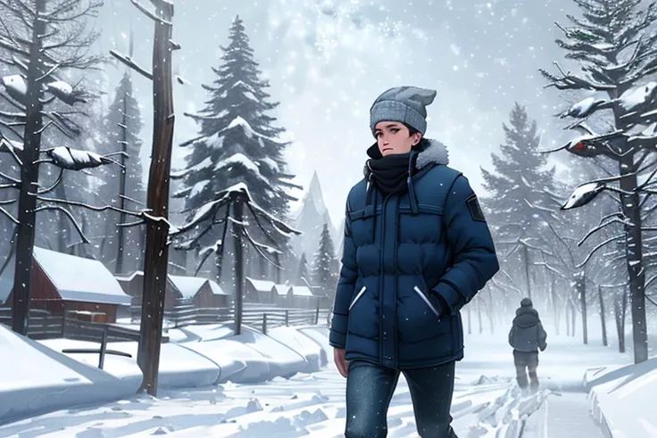 High resolution,high quality,Perfect body,Perfect Face,Snow Scene,(Blizzard:1.5),(Drifting snow:1.5),Man walking through the square,Coniferous forest in the background,Navy blue winter clothing,Grey hat,Woolen hat,Holding cardboard,(Long Shot:1.5)