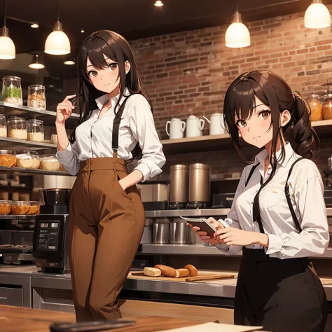 image of a girl working in a coffee shop
dressed in brown trousers and a white shirt and black shoes
anime style