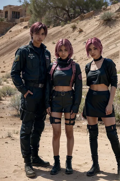 three call of duty Soldiers one is damon salvatore , and second one is Damila with short pink hairs, and third one is karia with short blue hairs, they are posing like soldiers in desert at mission