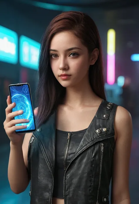 ((Beautiful girl holding a mobile phone in her hand)) 4K  8K:: Realistic::4. Cyberpunk::1 --v 4 --Quality 2  