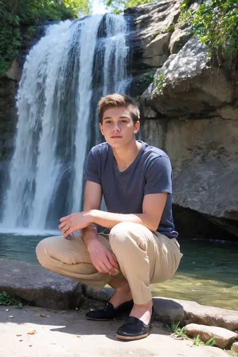 realistic photo of solo handsome teenage men ,squatting , waterfall ,wet , daytime