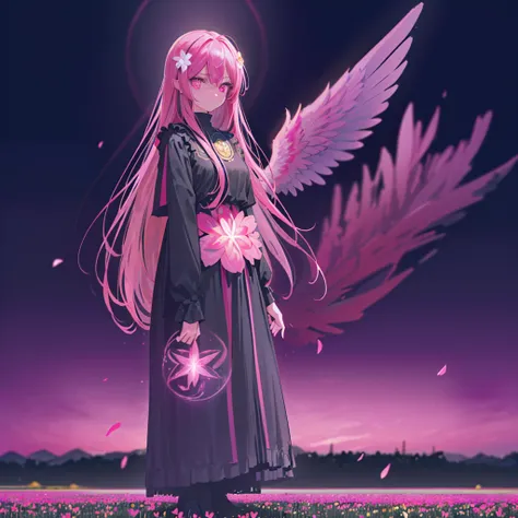 ((((Standing in a flower field))))　(((Long Hair　Pink Eyes　Pink Hair　Black Dress　Archangel)))　((night　満moon　Western style　Shining Aura　Face is close　Standing in a flower field　Close-up))　Broken glass　Big ribbon　moon　star　Catch the wind