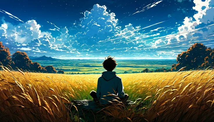 A boy sitting on a cloudy autumn meadow, See the vast sky, Tall Grass, Cloudy sky, Shinkai Makoto Cyril Rolando, Anime Art Wallpaper 4K, Anime Art Wallpaper 4K, Animated background, Anime Art Wallpaper 8K, Animated background art, Anime Landscape Wallpaper...