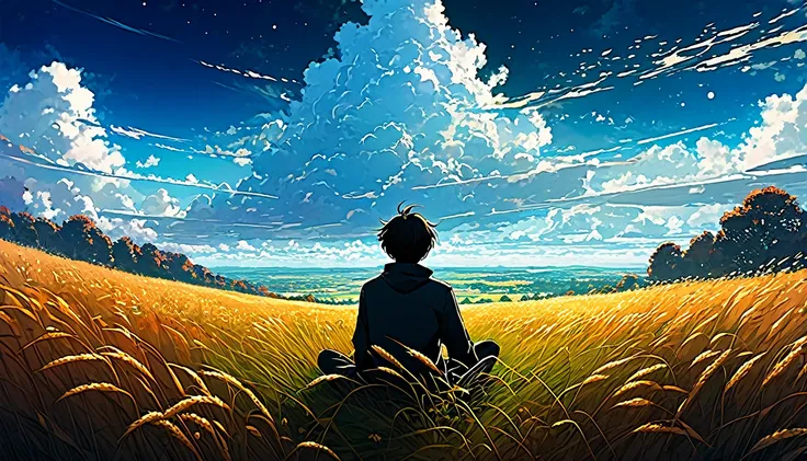 A boy sitting on a cloudy autumn meadow, See the vast sky, Tall Grass, Cloudy sky, Shinkai Makoto Cyril Rolando, Anime Art Wallpaper 4K, Anime Art Wallpaper 4K, Animated background, Anime Art Wallpaper 8K, Animated background art, Anime Landscape Wallpaper...