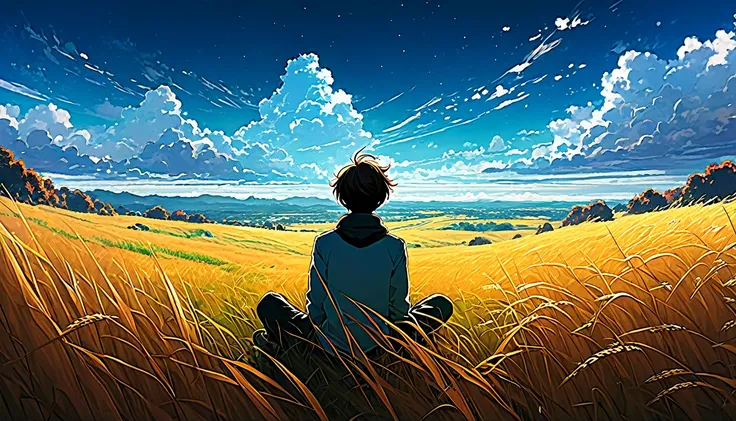 A boy sitting on a cloudy autumn meadow, See the vast sky, Tall Grass, Cloudy sky, Shinkai Makoto Cyril Rolando, Anime Art Wallpaper 4K, Anime Art Wallpaper 4K, Animated background, Anime Art Wallpaper 8K, Animated background art, Anime Landscape Wallpaper...