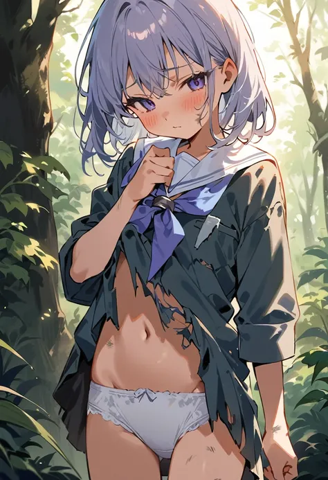 beautiful detailed girl,(masterpiece,best quality,extremely detailed:1.2),((cowboy shot:1.1)),(solo,10 years old,kawaii,slender,small breasts:1.25),(pained look:0.8),((white underwear) in ((Torn school uniform)):2),(dirty:2),blush,shy,weep,standing,(deep f...